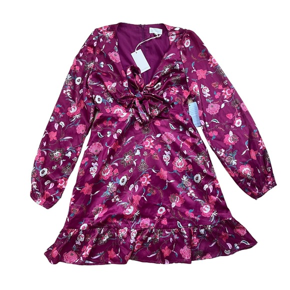 Melloday V-NECK LONG SLEEVE DRESS IN MAGENTA PRINT Women’s Size XS - Picture 2 of 4